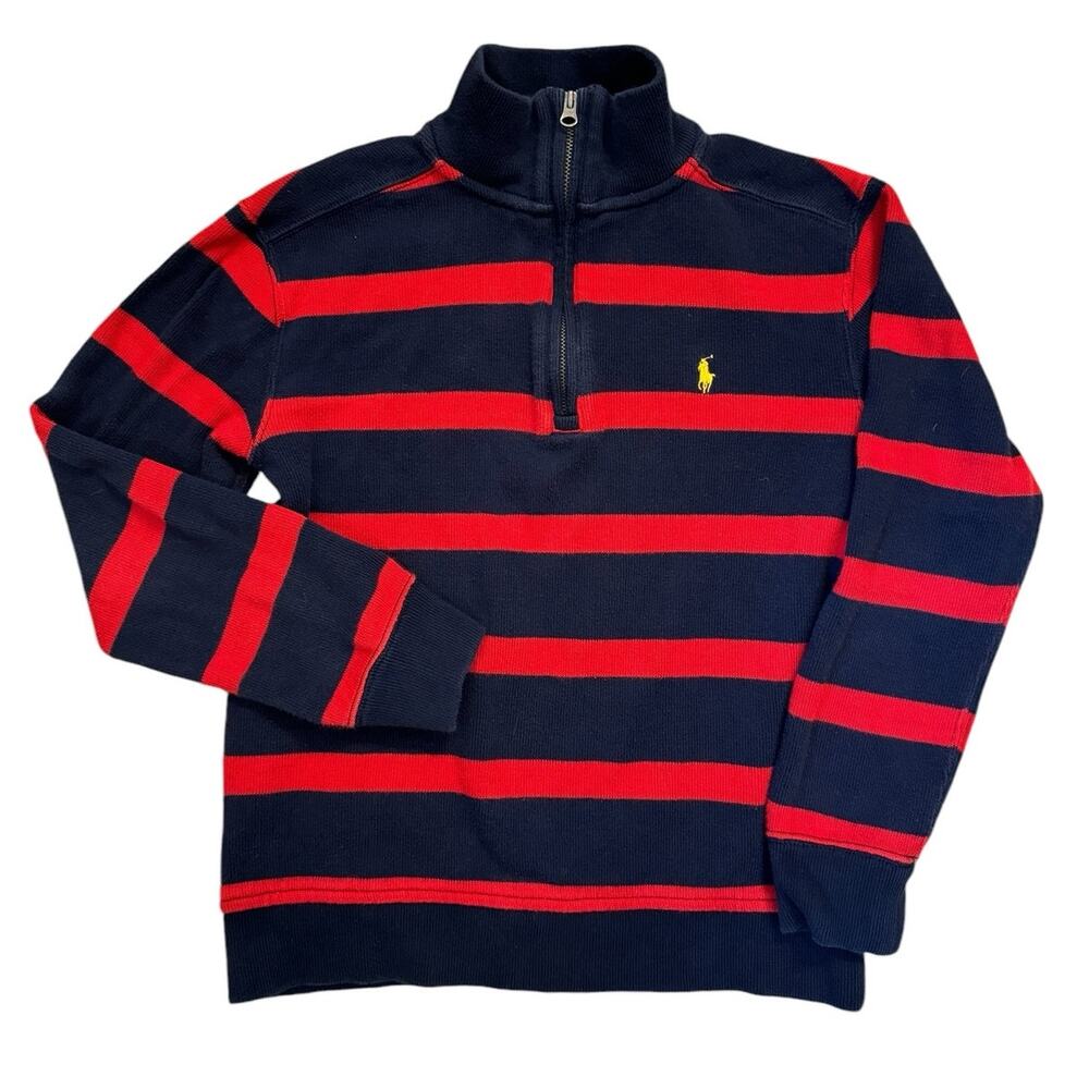Polo Ralph Lauren Boy's Red Navy Rugby Stripe 1/4 Zip Pullover M (8-10) Classy